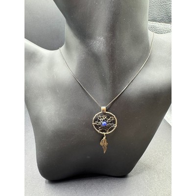Vintage AGI Italy Signed Sterling Silver 925 Lapis Lazuli Dreamcatcher Necklace