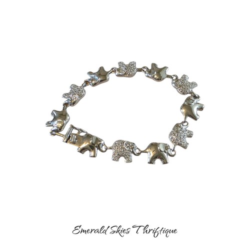 Silver Tone Elephant Link Bracelet Rhinestone Animal Jewelry BR UD  free ship