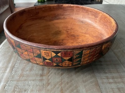 Large 10  Intricate Hand Painted Peruvian Ceramic Red Clay Bowl