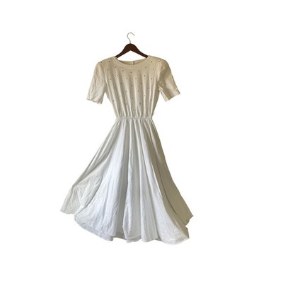 Vintage White Star Studded Midi Dress Elastic Waist Western Boho Cotton Womens