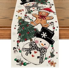 Snowman Gingerbread Xmas Pine Merry Christmas 13" x 72", Table Runner Beige