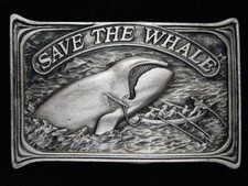 QE07165 NOS VINTAGE 1976  SAVE THE WHALE  PEWTER BERGAMOT BELT BUCKLE