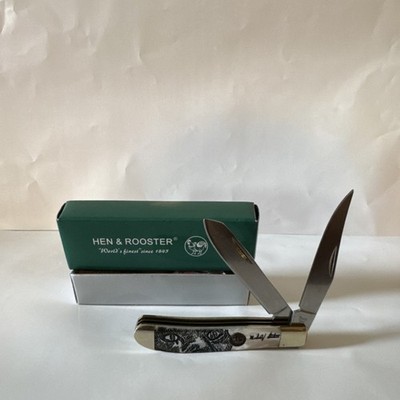Hen & Rooster Pearl Handle Mini Trapper 212 MOP Signature Series Cat Drawing