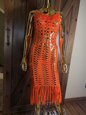 festival crochet fringe dresses Boohoo Orange Macrame Crochet Fringe Dress Small Boho Festival Rave Beach  Mini