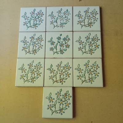 Vintage Italian Blue Delicate Floral 4''  Tiles Embossed Lot 10 White Background 