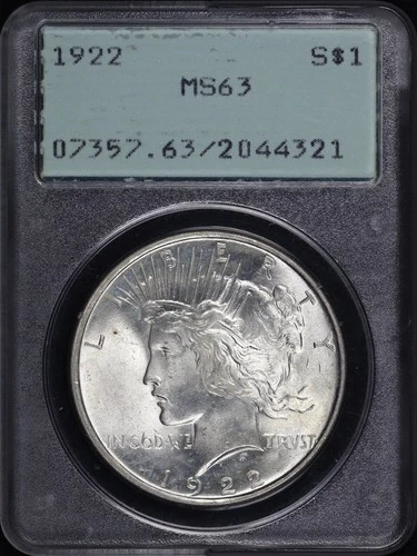 1922 Peace Dollar PCGS MS-63 Old Green Rattler Holder