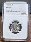 1934D Buffalo Nickel 5c Coin NGC MS 64, Nice Bright Luster!