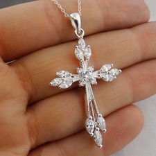 Sterling Silver Marquise Cross Necklace with Cubic Zirconia  18" Chain