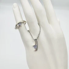 10K Two Tone White Gold Diamond & Tanzanite Ring & Pendant Set .04 ctw 3.6
