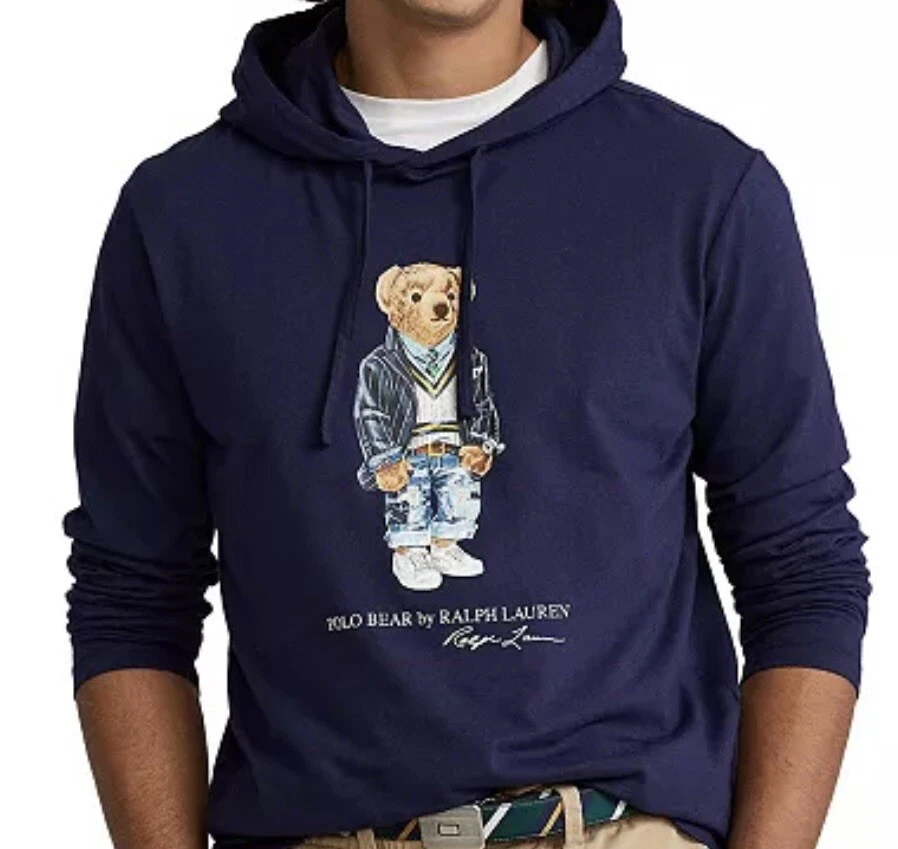 NWT Mens POLO RALPH LAUREN Navy Long Sleeved Polo Bear Hoodie T Shirt. Size XL