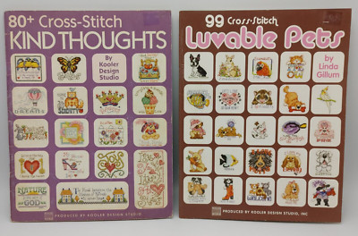 2 Vintage Leisure Arts Cross Stitch Pattern Books KIND THOUGHTS & LUVABLE PETS