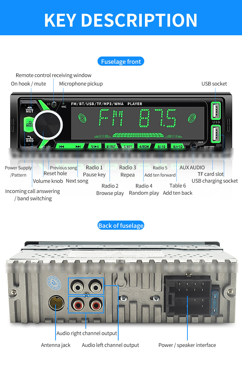 1x High Power Car Stereo Bluetooth In Dash FM SD USB Aux Input MP3