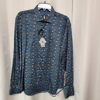 Visconti Black Long Sleeve Button Up Shirt Men's Size L Teal Paisley Print NWT