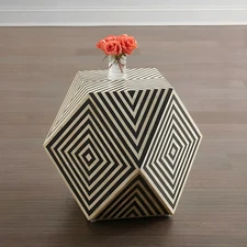 Star Hexagon Bone Inlay Coffee Table with Solid Wood Base Black and White Design