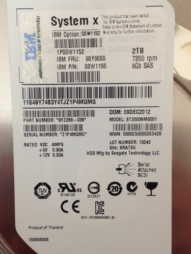 00W1152 90Y9000 00W1155 IBM 2TB 7200 RPM 6GB 3.5" SAS - Picture 2 of 2