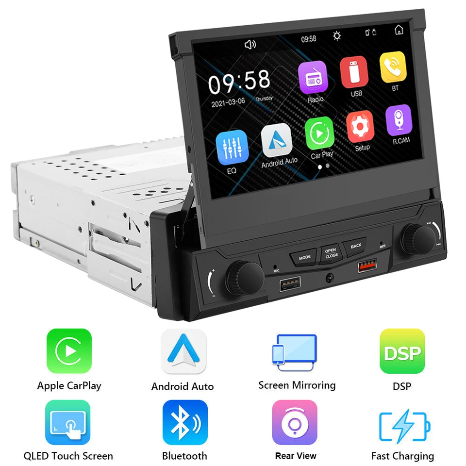 Radio estéreo para automóvil única 1DIN 7" Apple Carplay Android Auto GPS Pantalla abatible Foto 2 de 4