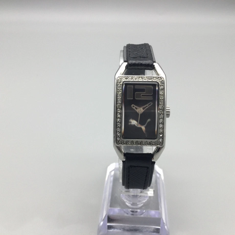 Puma Watch Women 21mm Silver Tone Black Rectangle Dial Bling New Battery - Image 2 of 4