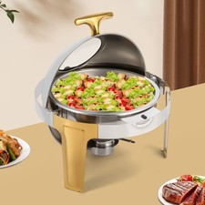 Roll Top Chafing Dish Buffet Set Gold Accent 6.3 Quart Round Stainless Steel