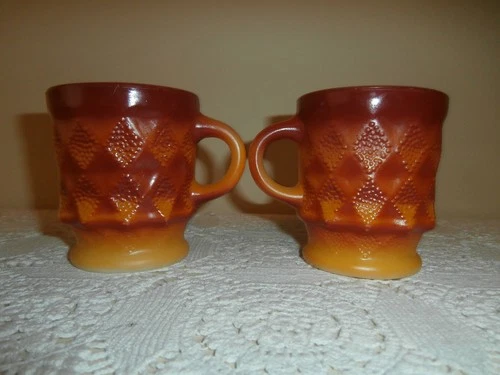 Vintage Fire King Diamond Pattern Stacking Coffee Cups-Orange Shades~Retro~MCM