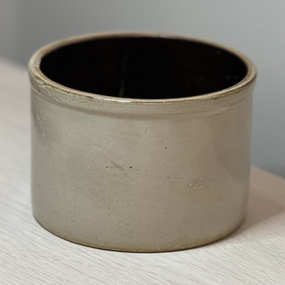 Antique Beige Pottery Crock  Glossy Cylinder Shape Farmhouse Rustic Brown inside