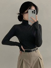 Women's Casual Solid Color Versatile Turtleneck Slim Fit Undershirt T-Shirt Lo