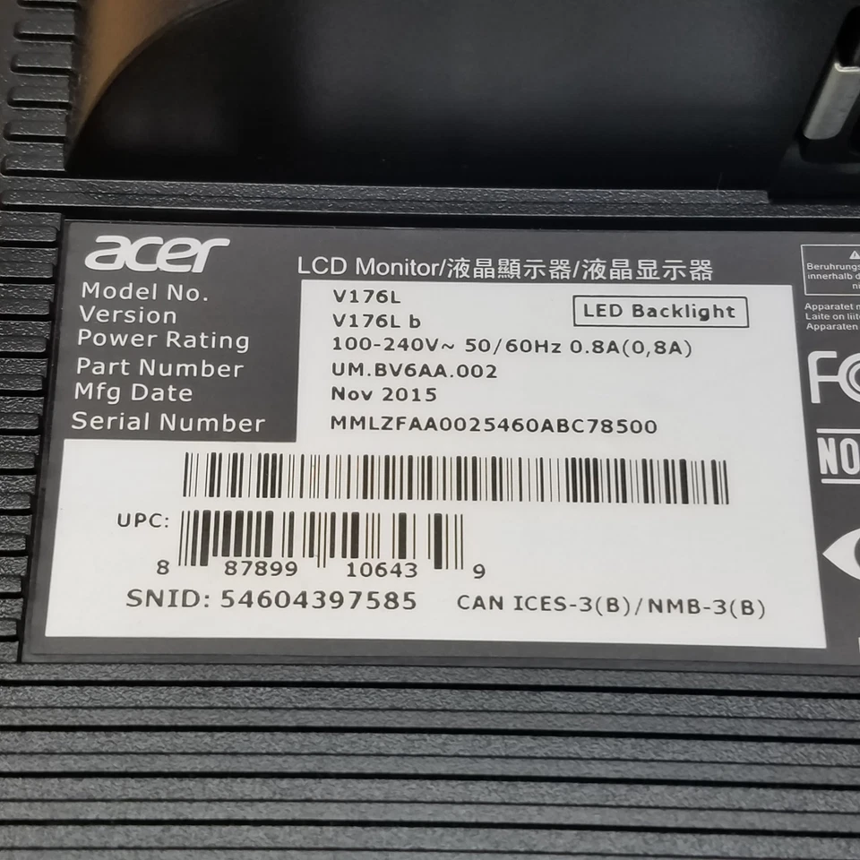 Acer V176L, LCD Computer Monitor, 17" Screen - USED - Image 2 of 4