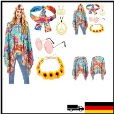 Hippie Kostüm Damen Set Poncho Accessoires 60er 70er Karneval Faschingskostüm