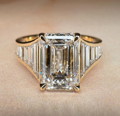 2.75CT Emerald Moissanite Engagement Ring with Baguette Side Stone In 925 Silver