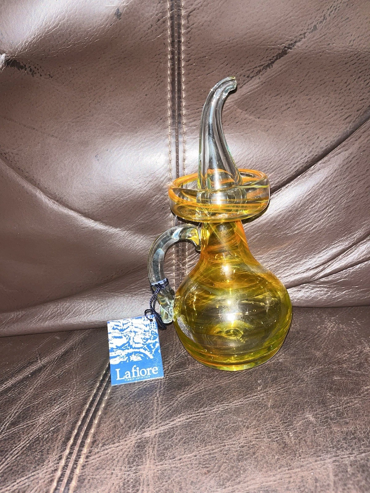 Vintage Lafiore Hand Blown Glass Orange Bottle Oil and Vinegar Made in Spain