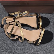 Black Gold Metallic Strappy Block Heel Buckle Ankle Strap Women's Sandals