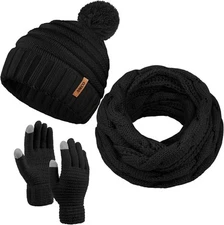 Aneco Winter Warm Knitted Scarf Beanie Hat and Gloves Set Men & Women's Black 