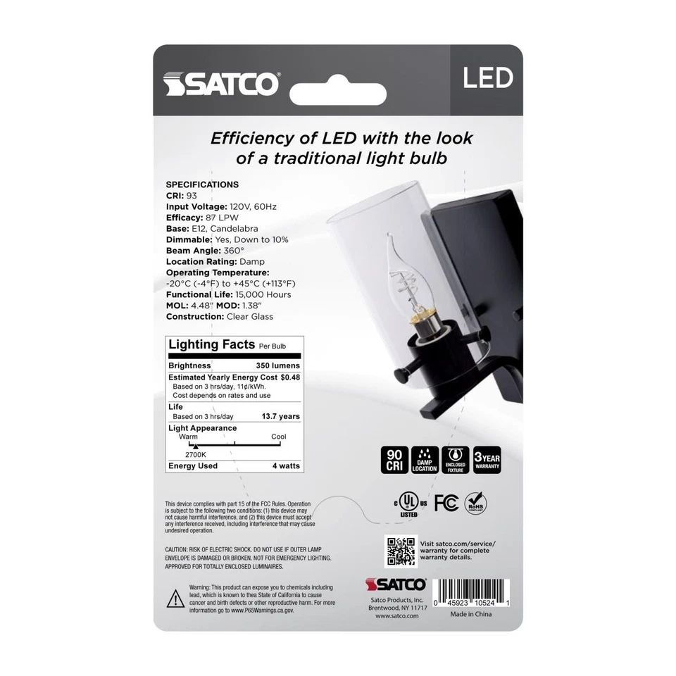 Satco S10524 - 4 Watt LED CA11 Coil Light Bulbs - 2700K (2, 4, 12 or 48 Bulbs) - Image 3 of 4