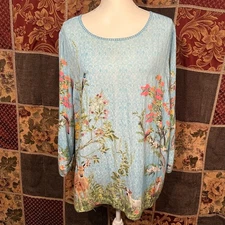 John Mark Long Sleeve Top Women's 1X Blue Floral Animals Nature Scene Bohemian