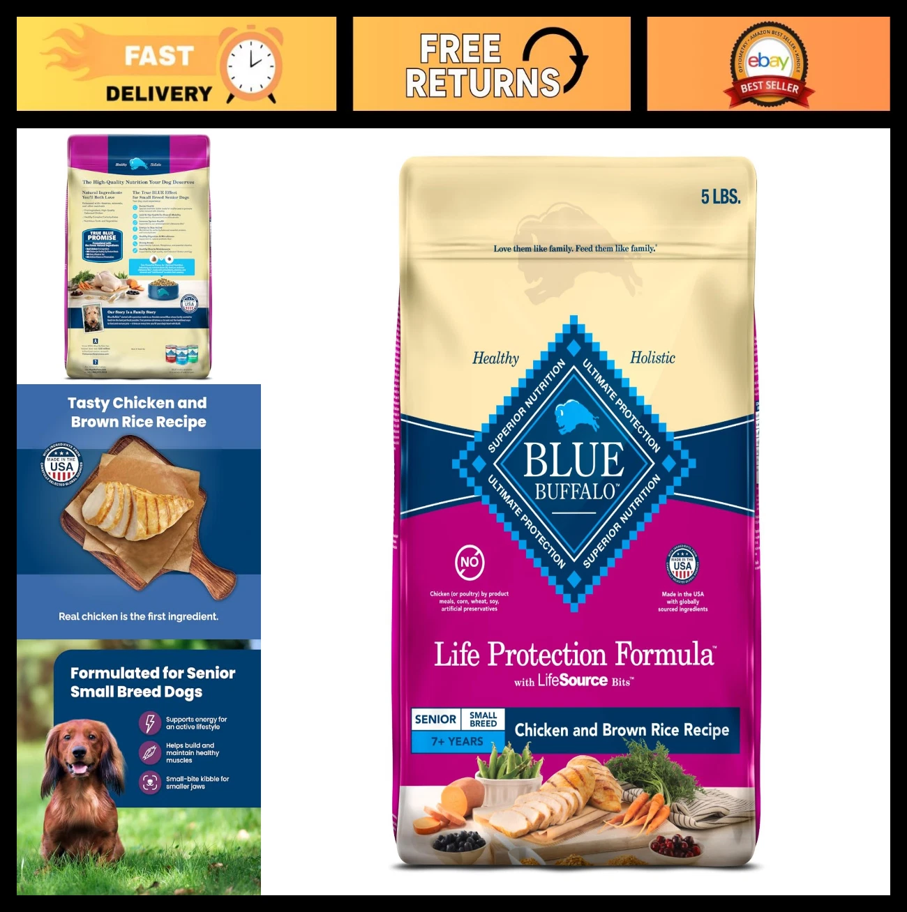 Senior Small Breed Dry Dog Food, Natural Chicken & Brown Rice, Joint Health, 5 l
