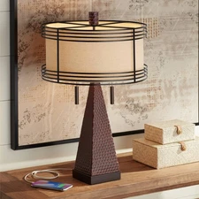 Niklas Industrial Rustic Table Lamp 26" High Hammered Bronze USB Port Bedroom