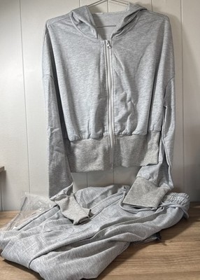 Sweatsuit Tracksuit Lounge Suit Women 2 Piece Long Sleeve Pockets Gray Sz L DD2
