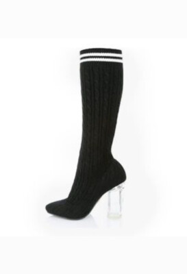 Sock boots transparent block heel pull on knit boots Size NWT
