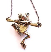 Gold Tone Frog Necklace Pendant Antiqued