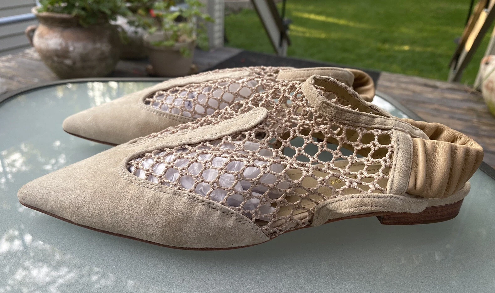 Sandales plates mulet Dior beige daim et maille bout pointu pointure 36 neuves sans boîte
