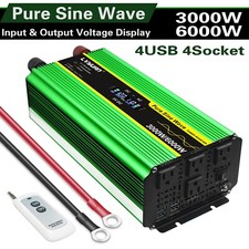 3000W 6000W Pure Sine Wave Power Inverter 12V to 120V With 4AC 4USB Remote Green