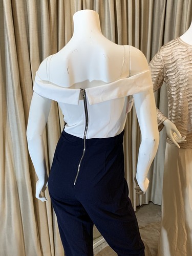 Soieblu White Navy Off Shoulder Sweetheart Neck Stretch Jumpsuit Romper Sz L NWT - Picture 8 of 12