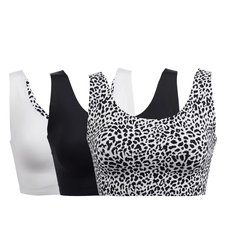 Paquete de 3 sujetadores Rhonda Shear Infinity Edge Body, negro/leopardo de las nieves/blanco, mediano Foto 2 de 3