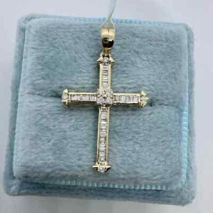 Authentic 0.28Ct Baguette Cut Moissanite Catholic Cross Pendant 14k Yellow Gold Plated 18"