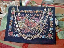 VINTAGE BLACK SATIN FLORAL MULTI-COLOR HAND OR SHOULDER EVENING BAG