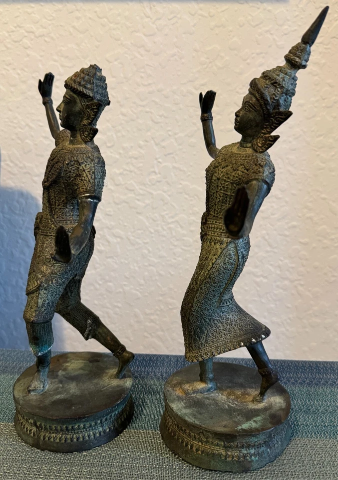 Antiguo par de figuras de baile deidad de bronce Siam Tailandia escultura 12" Foto 4 de 4