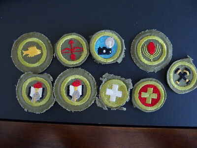 Lot of 9 Vintage Type E Merit Badges Forestry, Scholarship, Firemanship, Angling