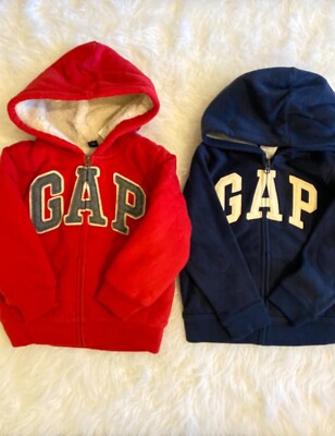 NWT! GAP Boys Red Blue Arch Logo Hoodie Sherpa Jacket 2T, 3T