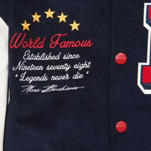 Mens Full-Snap World Famous Unisex Navy Blue/White Wool & Leather Varsity Jacket - Picture 4 of 25