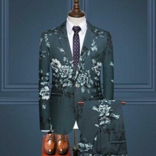 2pcs Suit Men's Printed Floral Blazer Pant Formal Dress Slim Fit Nightclub Chic
