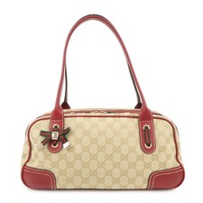 GUCCI Sherry Princy Leather GG Canvas Boston Bag Beige Red 161720 Auth Used F/S